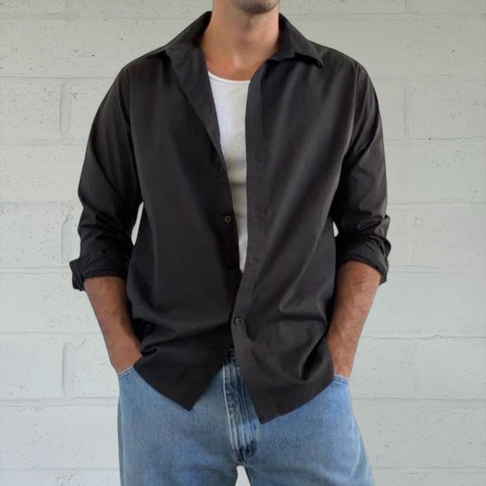 Mens Black Button Up Shirt Relaxed Fit Long Sleeve Minimalist Top Large